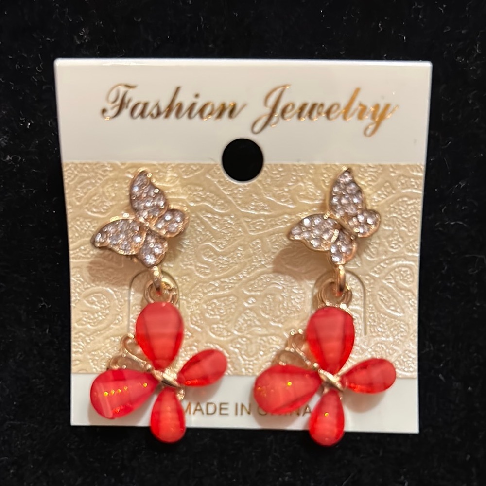 Fashion Jewelry Red and Gold Butterfly Flower Earrings